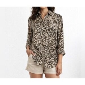 Chico's Leopard Print Wrinkle Resistant Button Down Shirt Brown Tan Size 1 M